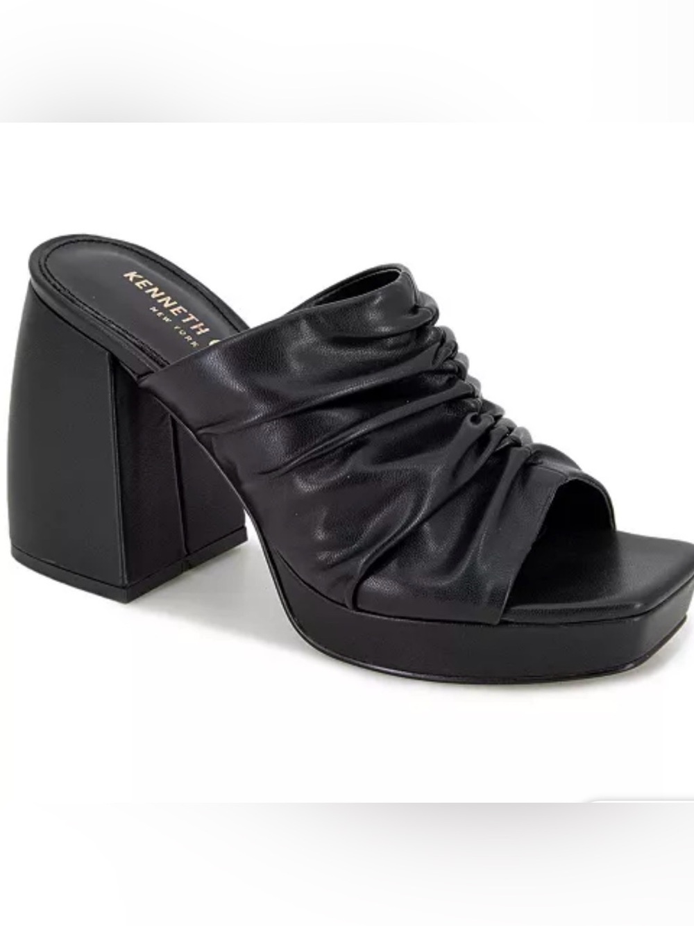 Kenneth Cole New York Black Ruched Open-Toe Block Heel Mule Sz 6 NIB